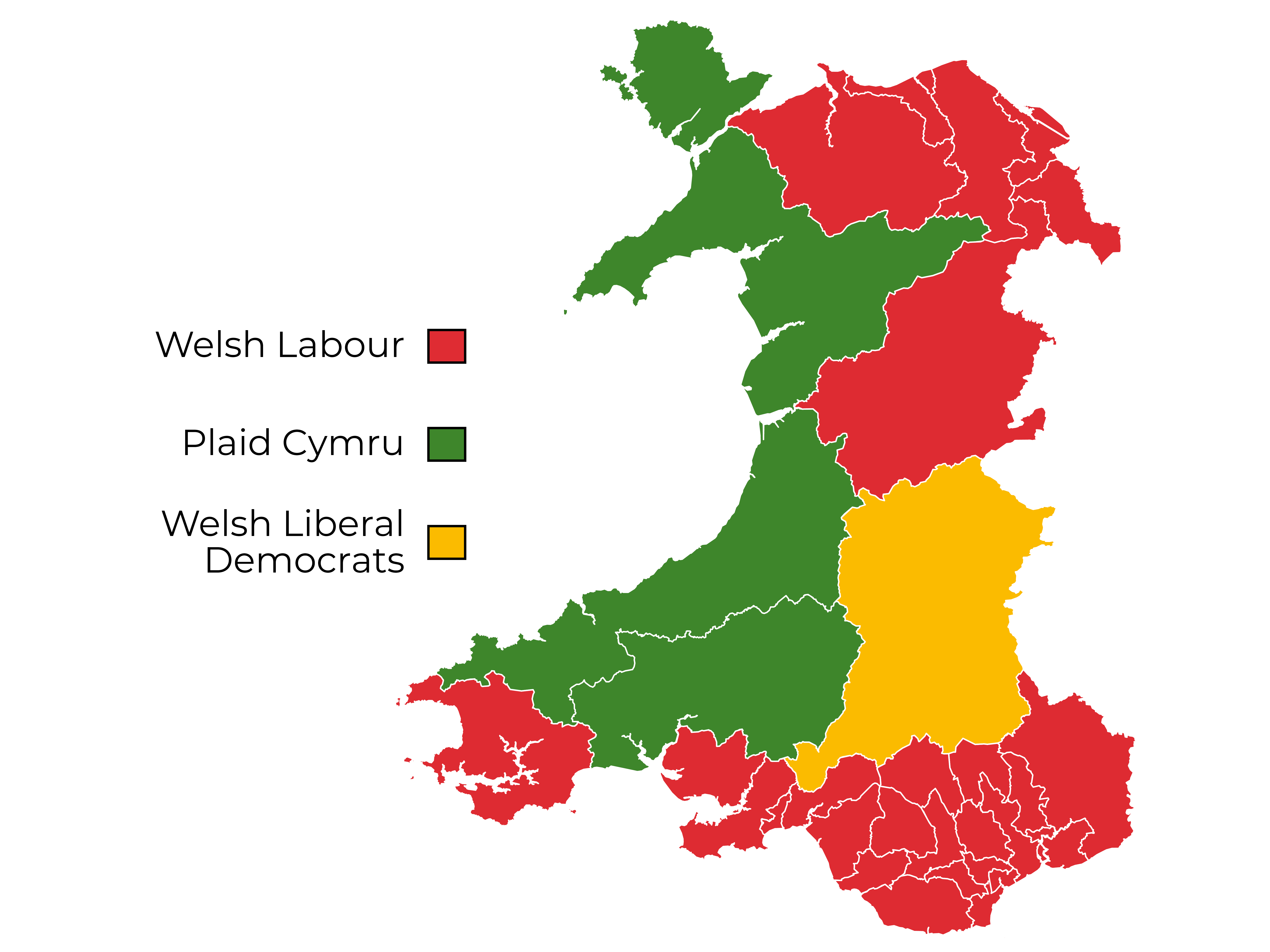 A constituency map of Wales, with constituencies coloured in based on which Party won that seat.